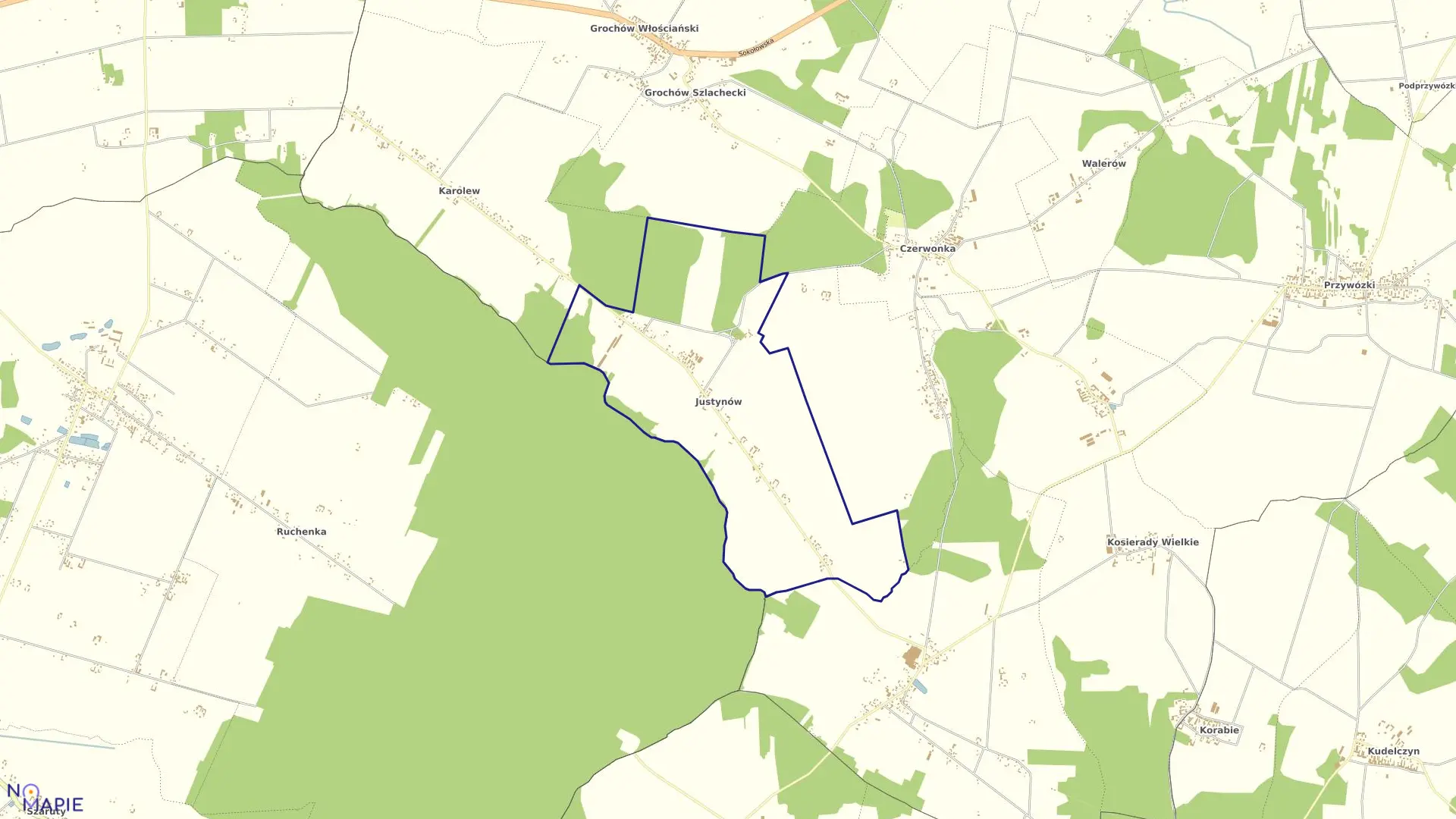 Mapa obrębu JUSTYNÓW w gminie Sokołów Podlaski